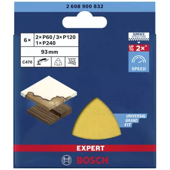 Bosch EXPERT C470 Delta slīpēšanas loksņu komplekts 93 mm P60/P80/P120 ar Velcro stiprinājumu, perforēts, 6 gab. 2608900832