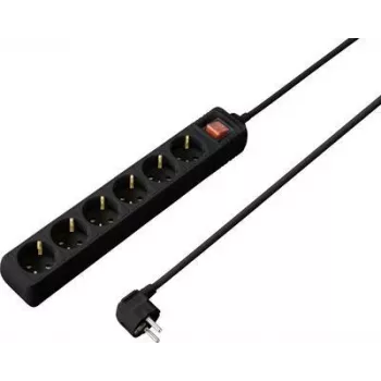 SYGONIX SY-4891006 6 vietu Schuko kontaktligzdu pagarinātājs ar apgaismotu slēdzi, 1,5 m kabelis, melns