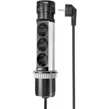SYGONIX SY-4997104 Pagarinātāja tornis, 6 AC kontaktligzdas, 2 USB-A porti, 1,5 m kabelis, melns/sudraba