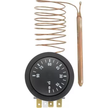 SYGONIX Iebūvējams termostats 0-90°C, pārslēgšanas kontakts, kapilārais sensors, 10A/250V AC, panelī montējams (SY-5045296)