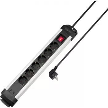 Sygonix SY-6807130 6 vietu pagarinātājs ar apgaismotu slēdzi, melns/sudraba, 1,5 m kabelis