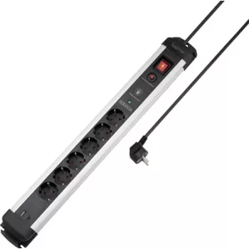 Sygonix SY-6805674 6 vietu pārsprieguma aizsardzības pagarinātājs ar slēdzi, Schuko, 1,5 m kabelis, melns/sudraba