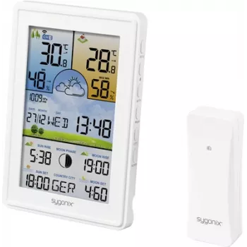 Sygonix SY-5509564 Digitālā laika stacija ar 12-24 stundu prognozi, DCF pulksteni, iekštelpu/āra temperatūru un mitrumu, mēness fāzi, sala brīdinājumu, 3 kanālu sensoru atbalstu