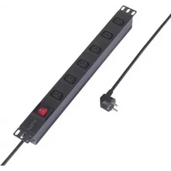 Sygonix SY-6736980 19 collu 6 vietu Schuko kontaktligzdu bloks, 1U statīva montāža, 2 m kabelis, melns