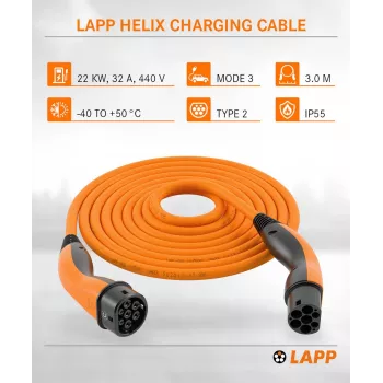 LAPP MOBILITY Helix Type 2 uzlādes kabelis pašsavācošs 22 kW 32 A 3 m oranžs