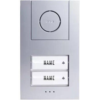 M-E MODERN-ELECTRONICS 41186 Vadu audio domofona pilns komplekts 2 dzīvojamām vienībām – sudraba āra ierīce, baltas iekštelpu ierīces, 2 vadu kopne, durvju atvēršanas funkcija