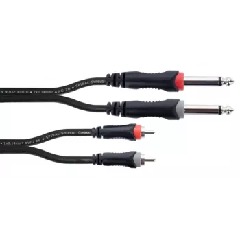 Cordial 14841 Audio savienojuma kabelis 2x 6,3mm Jack TS mono uz 2x RCA tēviņš 3m melns PVC dvīņu kabelis