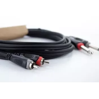 Cordial 14841 Audio savienojuma kabelis 2x 6,3mm Jack TS mono uz 2x RCA tēviņš 3m melns PVC dvīņu kabelis