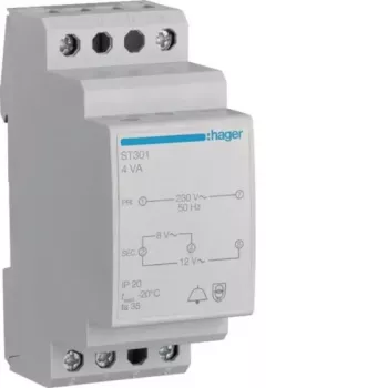 Hager ST301 zvana transformators 230V uz 8V/12V AC, 0,5A, DIN sliedes