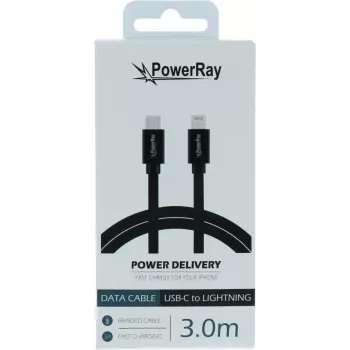 PowerRay USB-C uz Lightning datu un uzlādes kabelis 3m melns tekstila pīts MFi sertificēts PR-DCCL300TBK