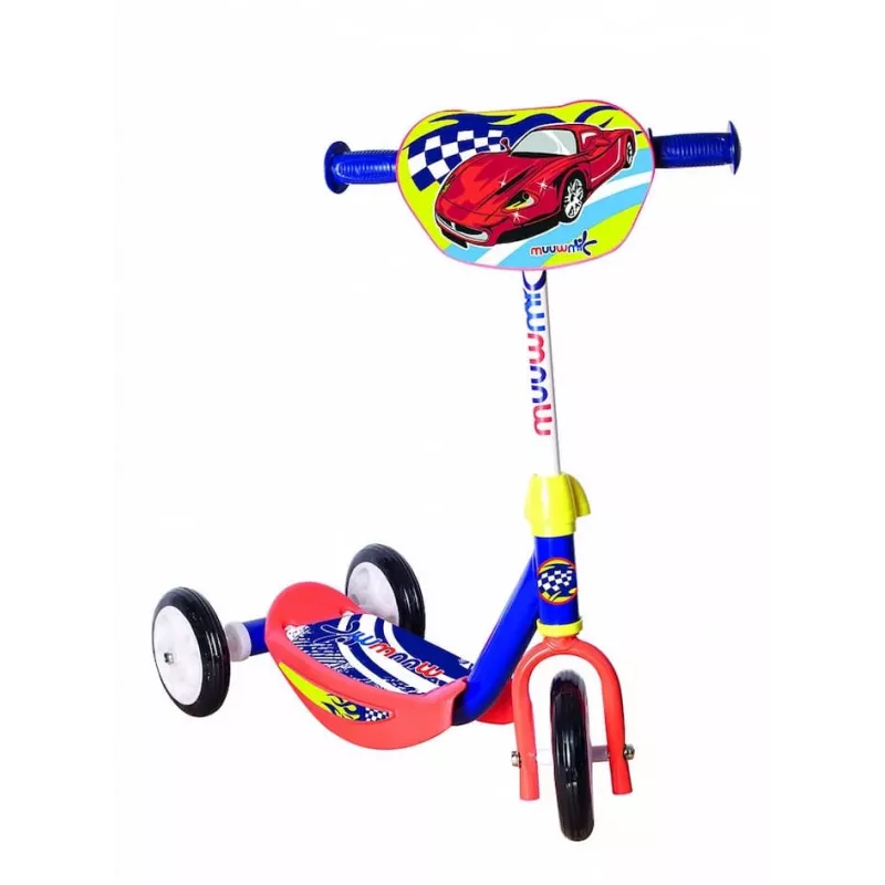 MUUWMI AU 506 KiddyScooter Racing 3 riteņu skrejritenis bērniem no 3 gadu vecuma, zils/sarkans, LED apgaismoti priekšējie riteņi, regulējams stūres stienis 58-68 cm, maks. 20 kg