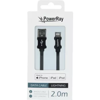 PowerRay PR-DCUL200TBK MFi sertificēts USB-A uz Lightning pīts kabelis, 2 m, melns