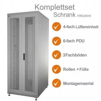 IT-BUDGET 19 inch Serveru skapis SRK pilns komplekts - 42U - WxD 800x1000 mm - Perforētas dubultdurvis priekšā + aizmugurē - 4 aktīvie ventilatori - PDU - Plaukti - Samontēts - Gaiši pelēks 99ITB19SRK42810DTGM
