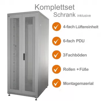 IT-BUDGET 19 inch Serveru skapis SRK pilns komplekts - 42U - WxD 800x1000 mm - Perforētas dubultdurvis priekšā + aizmugurē - 4 aktīvie ventilatori - PDU - Plaukti - Samontēts - Gaiši pelēks 99ITB19SRK42810DTGM