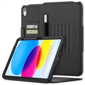 SEYMAC vāks iPad 11./10. paaudzei 2025./2022. (11/10,9 collas) A16, triecienizturīgs aizsargvāks ar automātisku miega/aktivizācijas magnētisko aizdari, karšu turētājiem, daudzleņķa statīvu un zīmuļa turētāju, melns