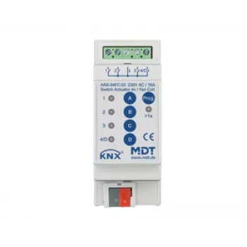 MDT AKK-04FC.03 KNX ventilatora konvektora izpildmehānisms, 4 komutācijas izejas, 16A, 230VAC, 2 TE, 70µF, 10 EVG