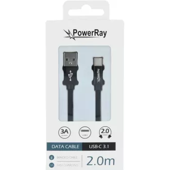 PowerRay datu kabelis PR-DCUC200TBK, USB-A uz USB-C, 2,0 m, tekstila melns, blisteris