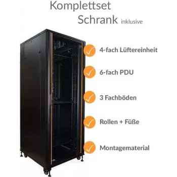 IT-BUDGET 19 inch Servera skapis SRK pilns komplekts 42U 800x1000 mm melns, iepriekš samontēts