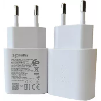 PowerRay PR-TA800EWE 18W USB-C PD sienas lādētājs, EU 2 kontaktu, balts, vairumā