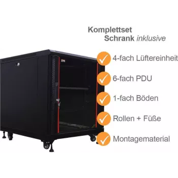 IT-BUDGET 19 inch Servera skapis SRK pilns komplekts - 12U - 600x1000 mm - Stikla/Tērauda durvis - 4 aktīvie ventilatori - PDU - Plaukti - Plakaniski iepakots - Melns 90ITB19SRK12610GS