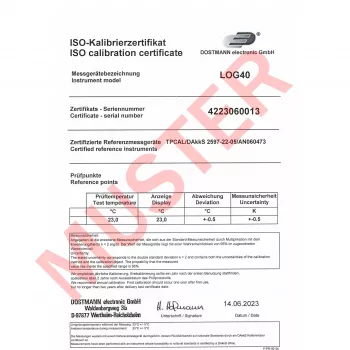 TFA Dostmann LOG40 ISO kalibrēts temperatūras datu reģistrētājs USB PDF, -40 līdz +60 °C