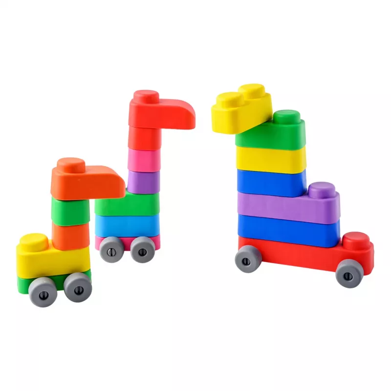 Gerardo's Toys GT3100 mīksto konstruktora klucīšu komplekts ar riteņiem, 14 gabali (10 klucīši + 4 riteņu daļas)