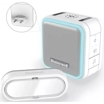 Honeywell DC515SP2L bezvadu durvju zvans ar kontaktligzdā ievietojamu zvanu un pogu, 150 m diapazons, 6 melodijas, balts
