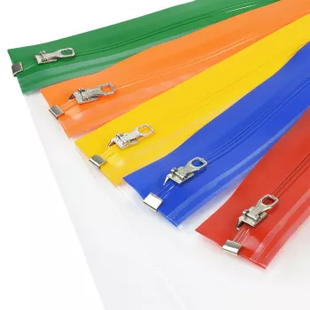 Rapesco Zippi Bags A5+ rāvējslēdzēja maciņi, 250 x 195 mm, caurspīdīgi ar zilu, oranžu, zaļu, sarkanu, dzeltenu apdari, 5 gab. iepakojumā 1502