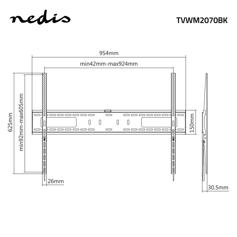 Nedis fiksēts TV sienas stiprinājums 60-100 collu ekrāniem, maks. 75 kg, VESA 200x200 līdz 800x400, melns