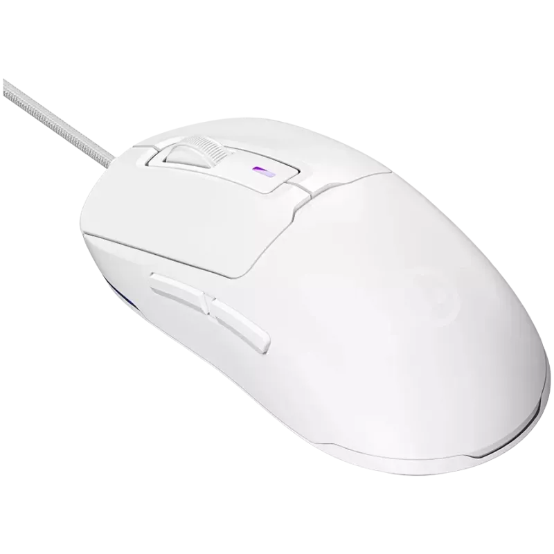 LORGAR LRG-MSA10R-WH spēļu vadu pele, Pixart PMW3311 optiskais sensors, Hetai 571 MCU, 5000 DPI, 1000 Hz, 7 programmējamas pogas, RGB apgaismojums, labročiem, balta
