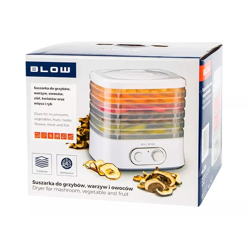BLOW Pārtikas žāvētājs sēnēm, dārzeņiem un augļiem, 5 paplātes, 250 W, digitālais taimeris un temperatūras kontrole, balts