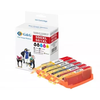 G&G saderīgs augstas ietilpības tintes kasetņu komplekts Canon PGI-550XL/CLI-551XL (5 iepakojums: melna, ciāna, fuksīna, dzeltena) 14790