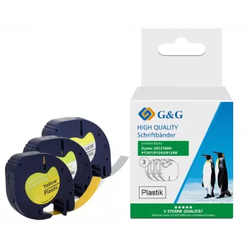G&G TD-RL-D-91201/2/8-3P etiķešu lentes komplekts, 12 mm, 3 gab. (balta, dzeltena, sudraba ar melnu druku), saderīgs ar DYMO D1