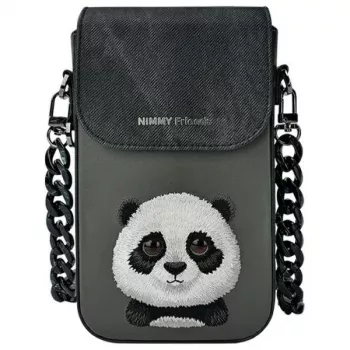 Nimmy Big Eyed Pet 2.0 Panda krusteniski valkājams tālruņa maciņš - melna PU āda