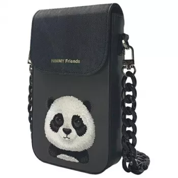 Nimmy Big Eyed Pet 2.0 Panda krusteniski valkājams tālruņa maciņš - melna PU āda