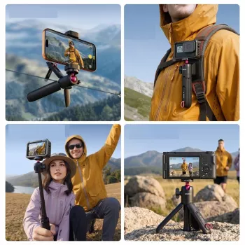 ULANZI MT-55 4-in-1 mini statīvs pašfoto nūja roktura satvērējs mugursomas klipsis ar lodveida galvu, 1/4 inch skrūve, tālruņa turētājs 60-85mm, alumīnija sakausējums, melns