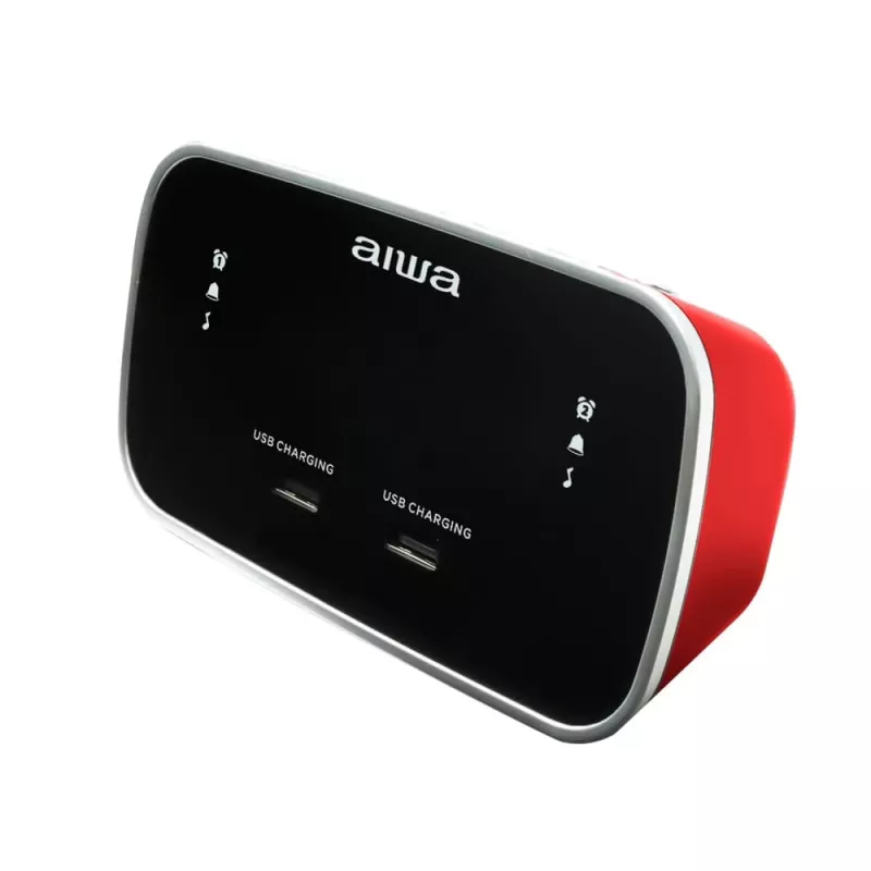 AIWA CRU-19RD Sarkans radio modinātājs ar FM/AM uztvērēju, diviem modinātājiem, atlikšanas funkciju, miega taimeri, LED displeju, bateriju rezerves barošanu