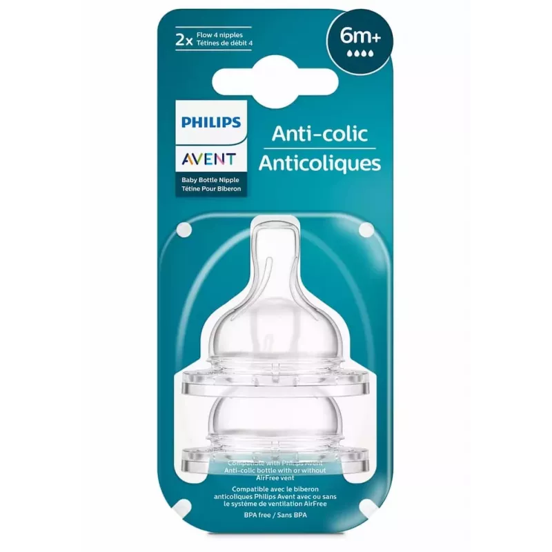 Philips Avent pretkoliku zīdaiņu pudeles silikona knupīši, ātrā plūsma, 6M+, 2 gab.