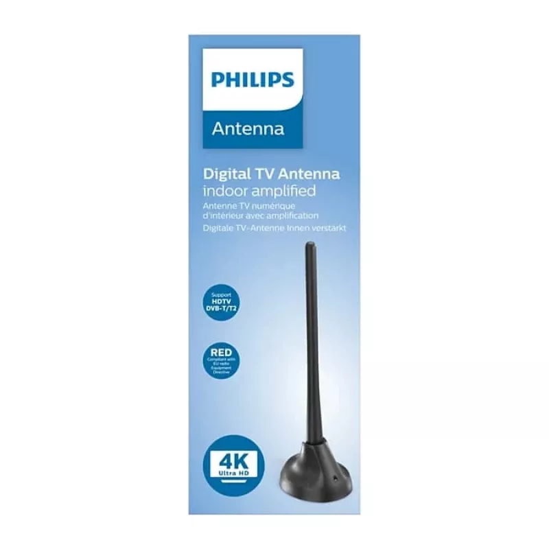 PHILIPS SDV5100/12 iekštelpu TV antena ar 18 dB pastiprinājumu, UHF/VHF/FM, melna