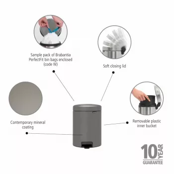 Brabantia NewIcon 5L pedāļa atkritumu tvertne, minerāli betona pelēka