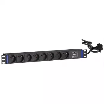 DSIT 19 inch 8 kontaktligzdu PDU ar pārsprieguma aizsardzību un zemējuma tapu (DS-8PDU-SPD-PE)