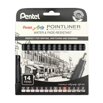 Pentel Arts Pointliner pastāvīgo finelineru komplekts, 14 dažādi līniju biezumi 0,03 mm–3,0 mm, melns tinti (YS20P-14)