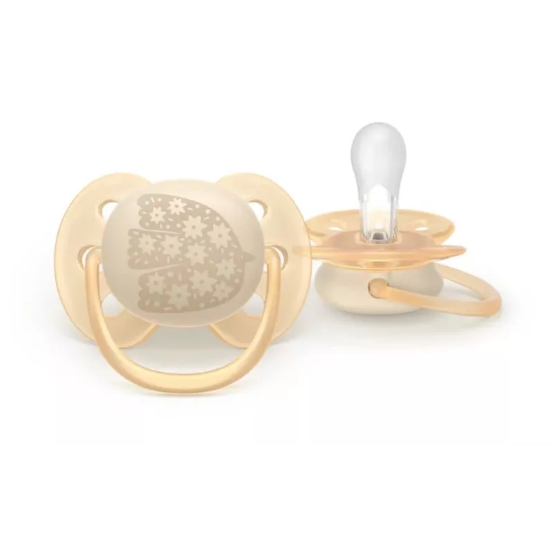 Philips Avent Ultra Soft DECO māneklis 0-6 mēneši, 2 gab., silikons, bez BPA, ar sterilizēšanas futrāli