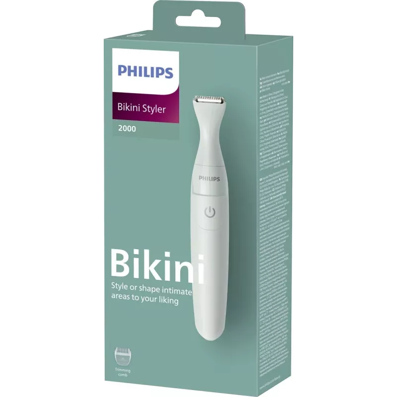 PHILIPS Essential Bikini Trimmer BRT398/15, droša apstrāde jutīgām zonām, mitrai un sausai lietošanai, 3 garuma iestatījumi, ar baterijām, balts ar rozā akcentiem