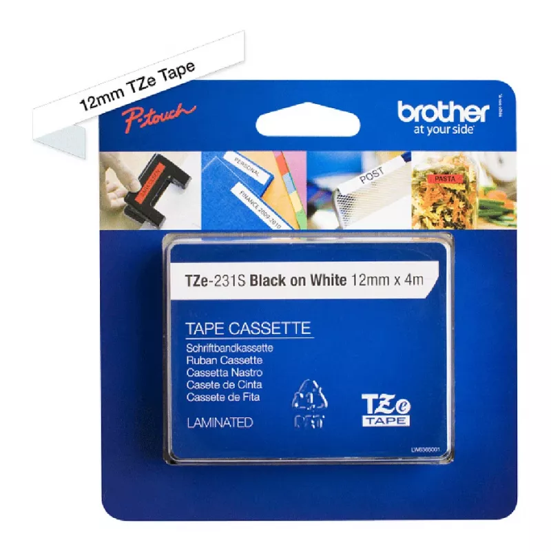 Brother TZe-231S 12mm melna uz balta laminēta marķējuma lente (4m)