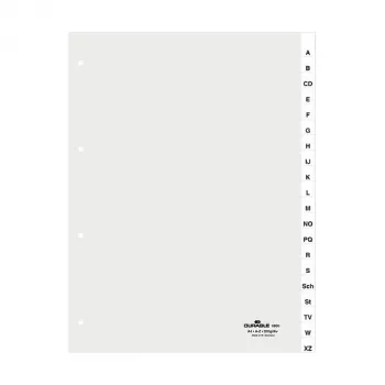 DURABLE A4 20 daļu A-Z satura rādītāja atdalītāji, metinātas cilnes, 4 caurumu perforācija, 80 mm atstatums, ar vāka lapu 680019