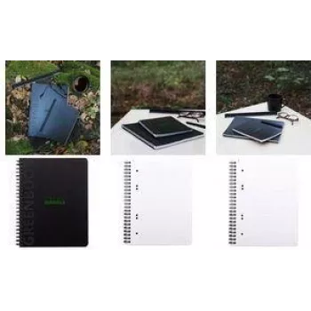 RHODIA GREENBOOK College Block, DIN A5+, līnijots, melns pārstrādāta kartona vāks, 80 lapas, 4 caurumu perforācija, mikroperforēts 119915C