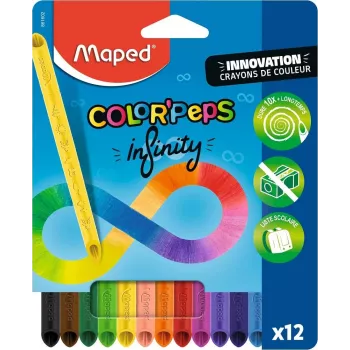Maped COLOR'PEPS INFINITY trīsstūrveida krāsaino zīmuļu komplekts, 12 dažādas krāsas, kalpo 10x ilgāk, 100% pigmenta kodols, atkārtoti lietojams futrālis 861602