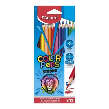 Maped COLOR'PEPS STRONG trīsstūrveida krāsainie zīmuļi, 12 dažādas krāsas, 3,2 mm pret lūšanu izturīgs grafīts, kartona iepakojums 862712