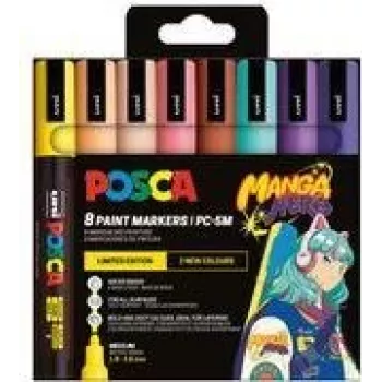 POSCA PC-5M pigmenta marķieru komplekts, 8 krāsas, Manga Hero, vidējs apaļš uzgalis, ūdensizturīgs, gaismas izturīgs, bez smaržas PC5M/8APF ASS74
